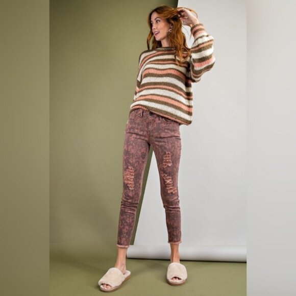 Easel Snake Print Stretch Twill Raw Hem Skinny Jeans Ankle Crop Rose New Medium - Picture 3 of 11